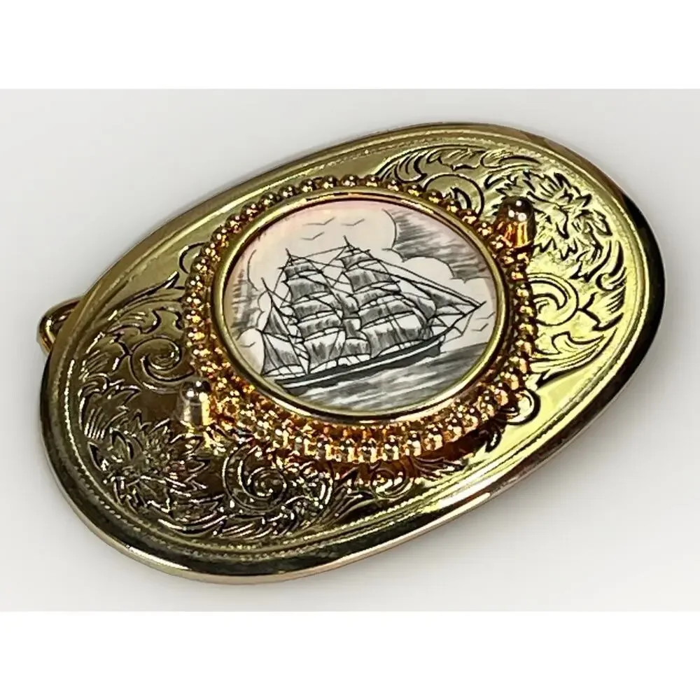 VTG Solid Brass Belt Buckle w/ Handcrafted Nautical Ship Scrimshaw Center NOS